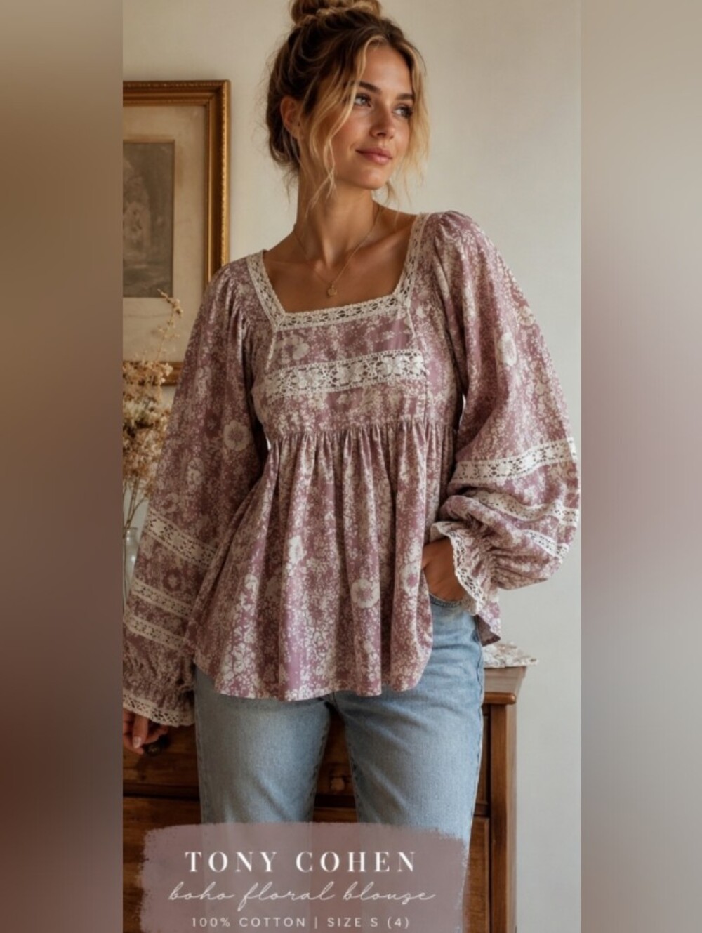 Tony Cohen Floral Cottagecore Boho Blouse Mauve Pink Lace Trim Puff Sleeve Small